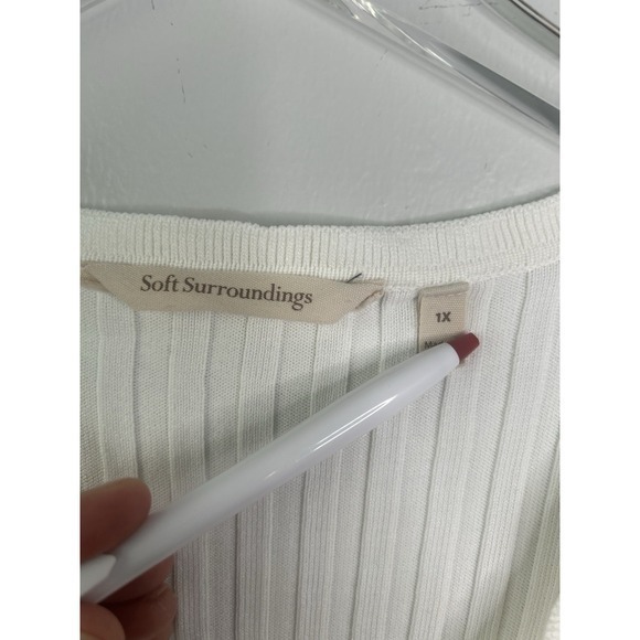 Soft Surroundings Women Sz 1X White Ribbed Scallop Edge Button Up Sweater Tee - Picture 5 of 8